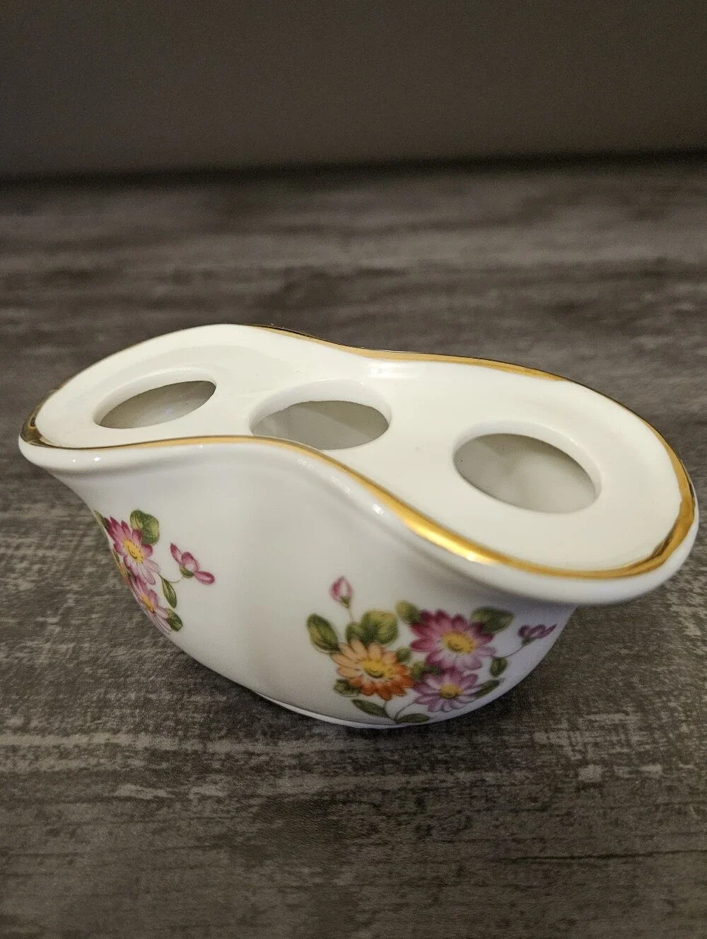 Vintage Hand-Painted Porcelain Flower Frog / Toothbrush Holder with Gold Trim